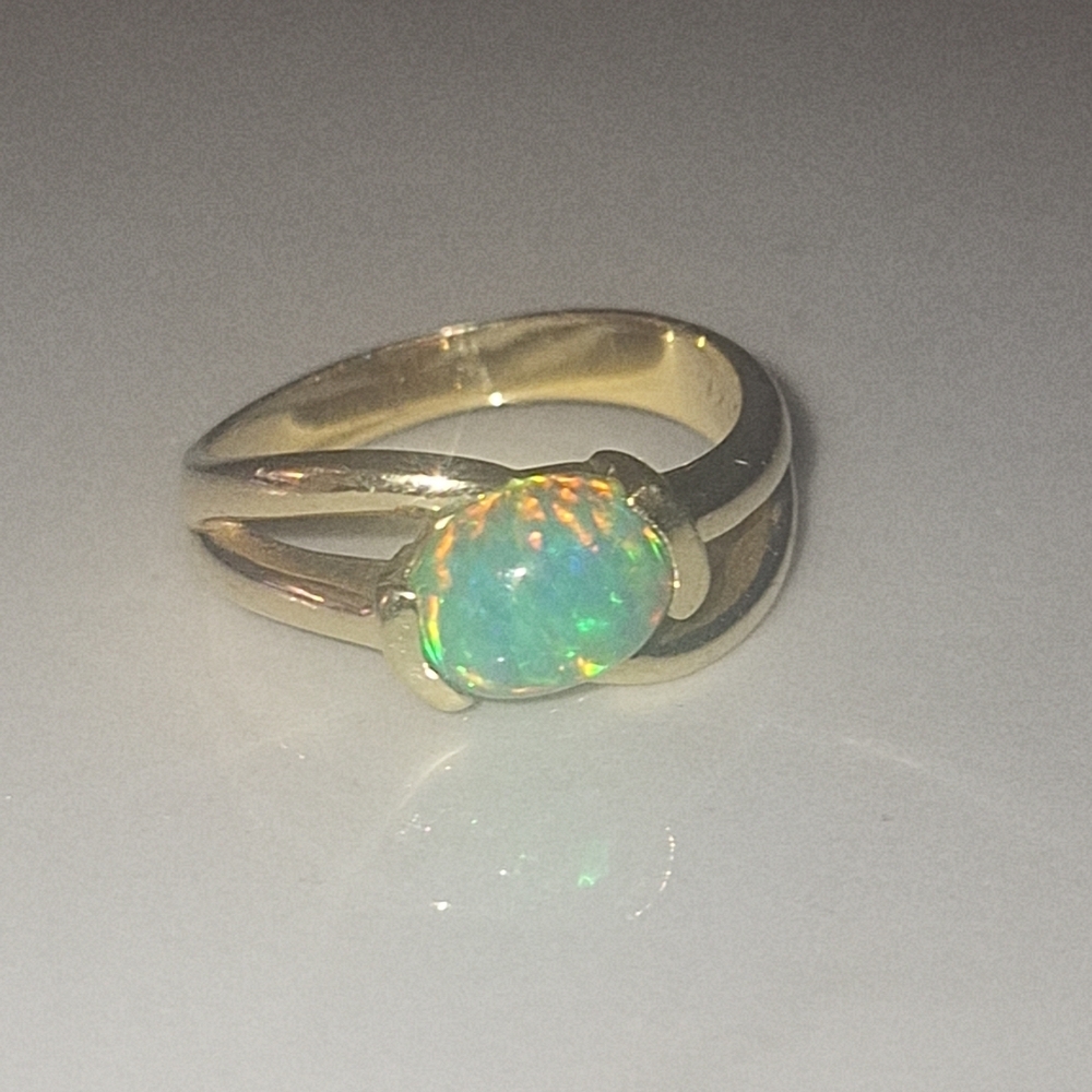 Opal Cabochon Gold Ring - Green Multi-Flash